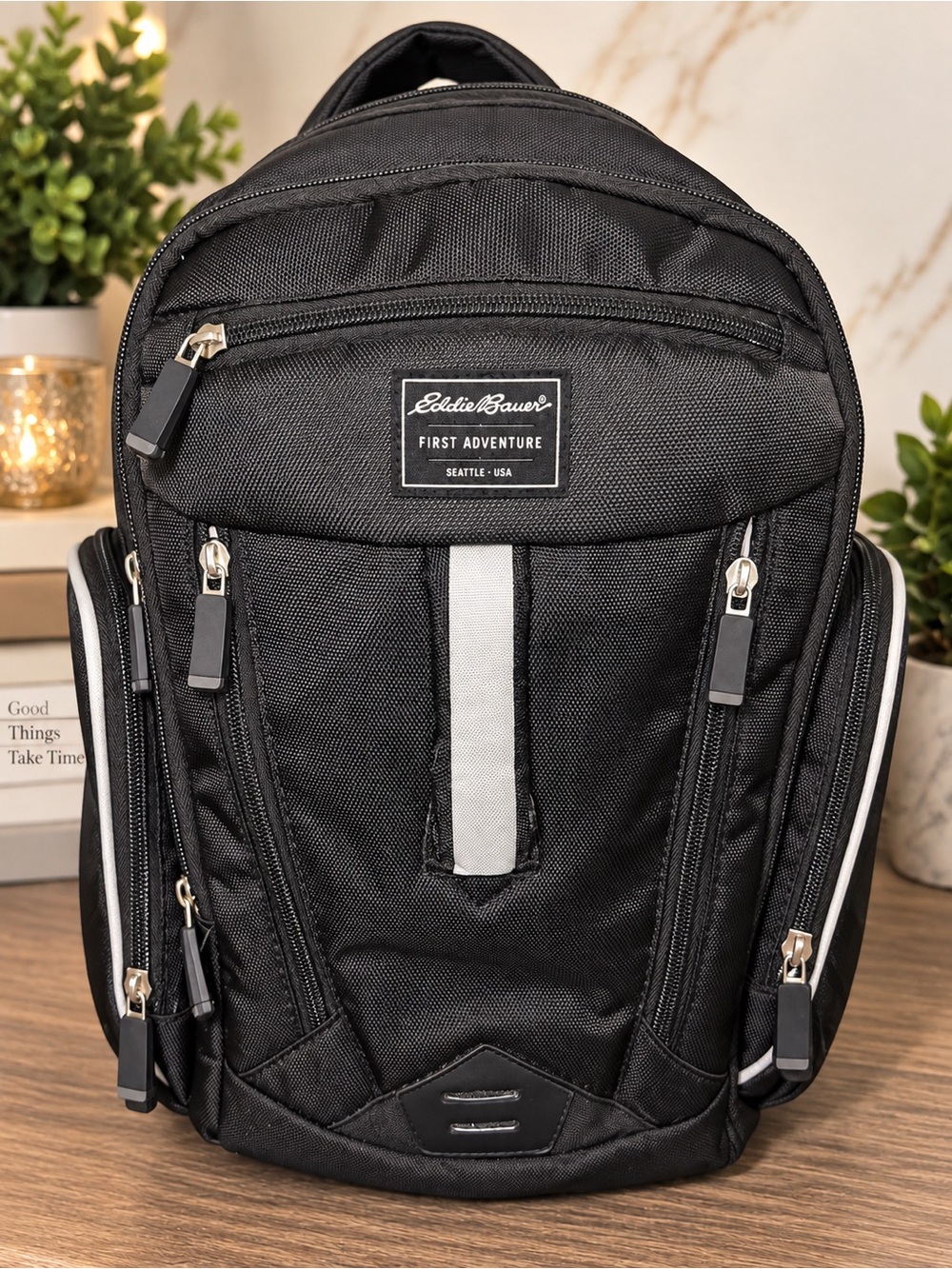 Eddie Bauer First Adventure Black Diaper Backpack โ Insulated Bottle Pocket